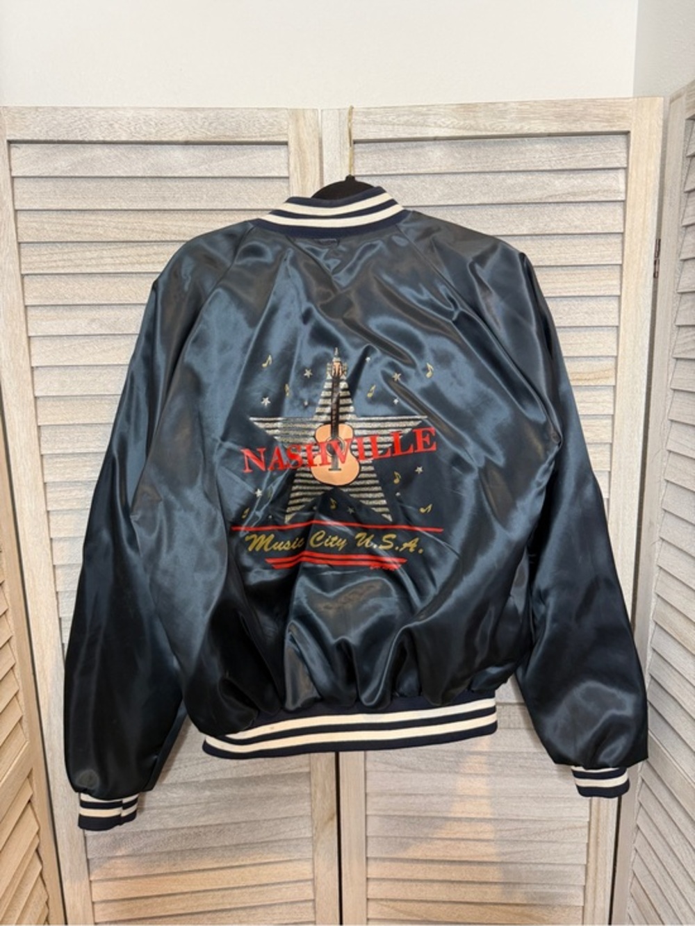 Vintage 1980’s Taylor Made Music City USA Black Satin Nashville Bomber Jacket L